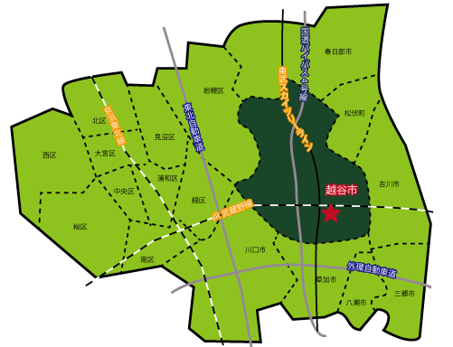 越谷市と近隣の地図。広い範囲から生徒さんが通っていらっしゃいます。